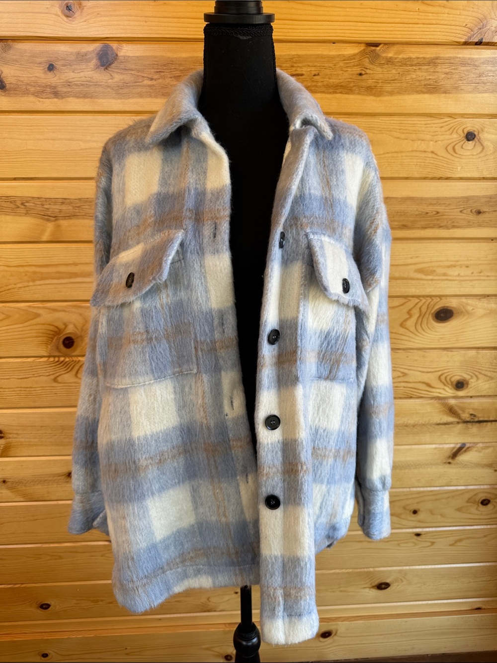 By Together Light Blue and Cream Plaid Shacket